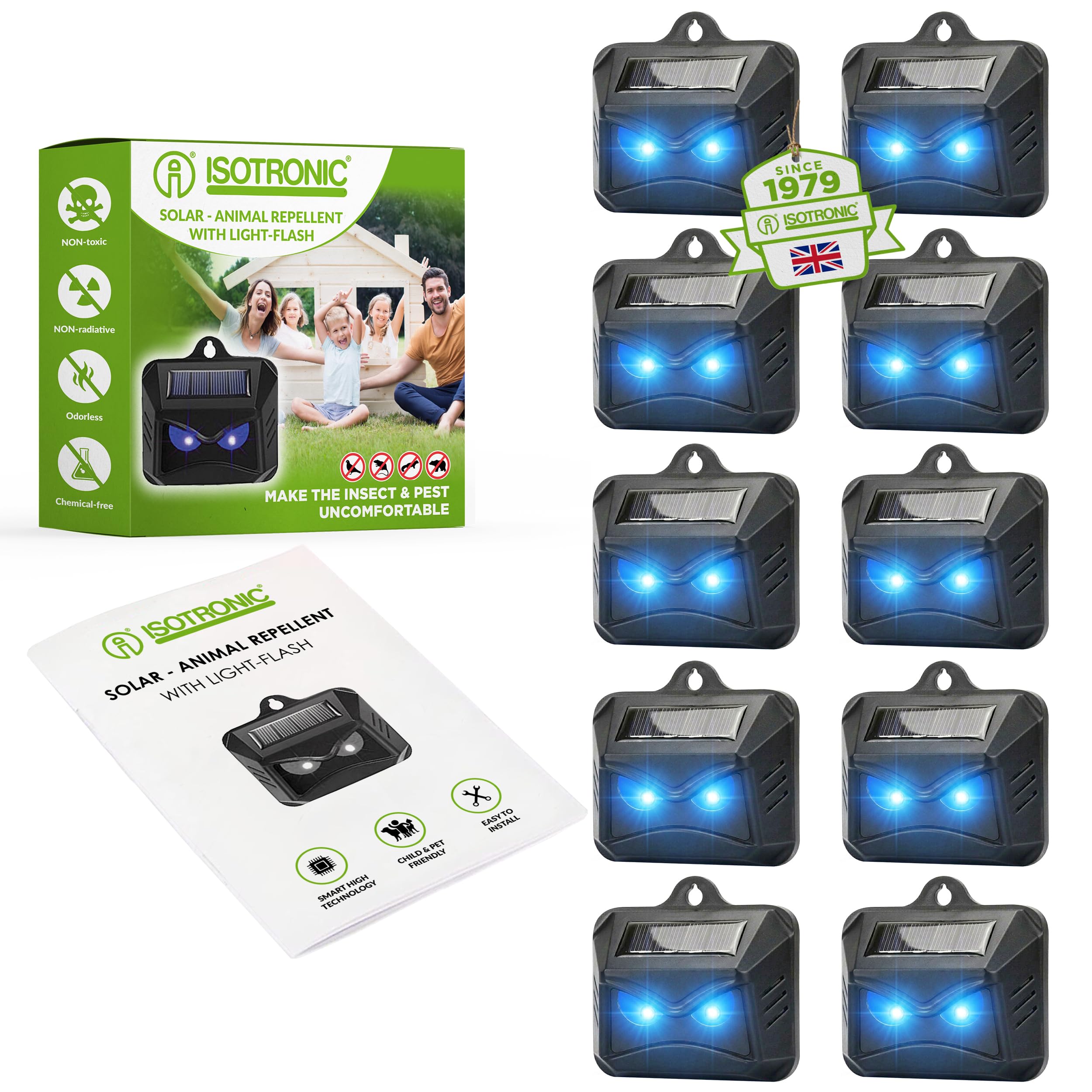 ISOTRONIC Solar animal repellent against wild animals such as raccoons, deer, foxes, wild boars and much more. 10 x effective animal repellent with blue LED light