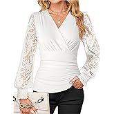GRACE KARIN Womens Tops Dressy Casual, Elegant Lace Sleeve Shirts Wrap Ruched Blouses, 2026 Spring Fashion Outfits