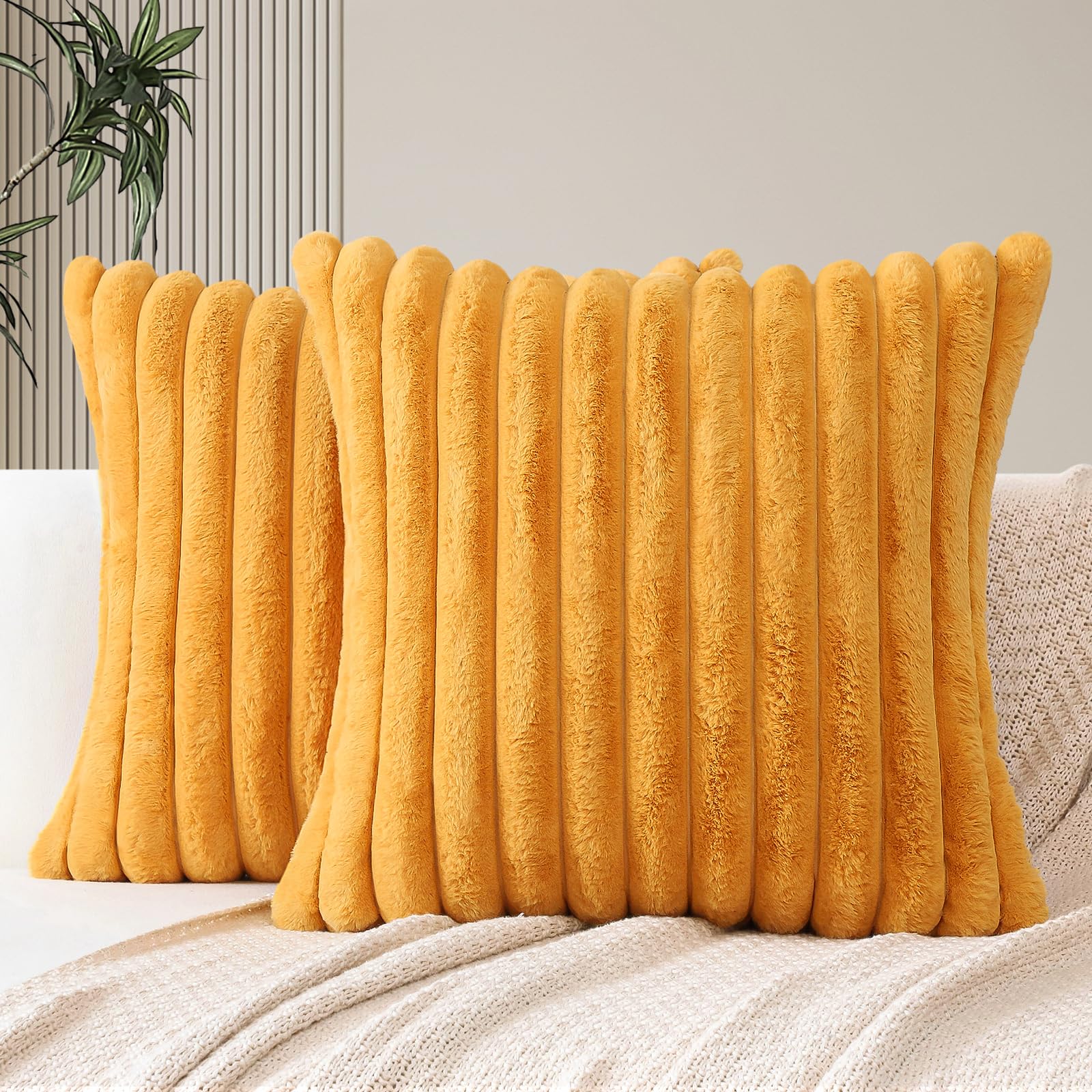 JOTOM Set of 2 Double-Sided Faux Fur Plush Cushion Covers 45x45 cm Soft Striped Decorative Throw Pillow Covers Square Cushion Case Home Decor Pillow Case for Couch Sofa Bed 18x18 Inch (Mustard Yellow)
