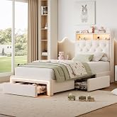 VINTLJUS Twin LED Bed Frame with Storage Headboard &amp; Charging Station, Velvet Fabric Platform Bed Frames with 3 Drawers, Button Tufted Upholstered, No Box Spring Needed, Noise Free, Beige