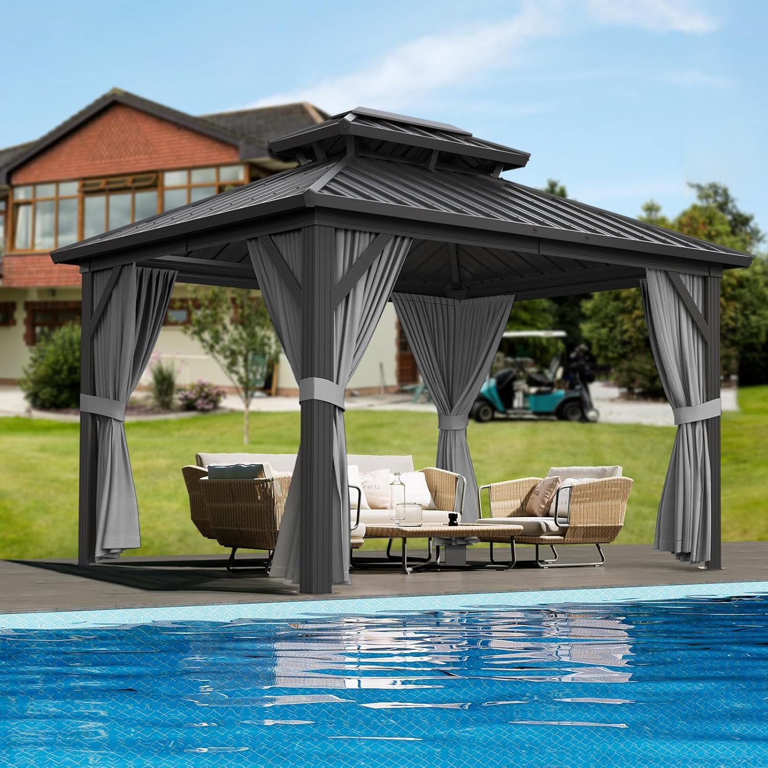 Photo 1 of ***INCOMPLETE -SELLING AS REPLACEMENT PARTS ONLY*** 
Hardtop Aluminum Gazebo Pavilion, 13' x 10', Double Polycarbonate Roof, Mesh Netting & Curtains, UV Protection for Patio, Backyard, Lawn, Deck, Grey, Weather-Resistant