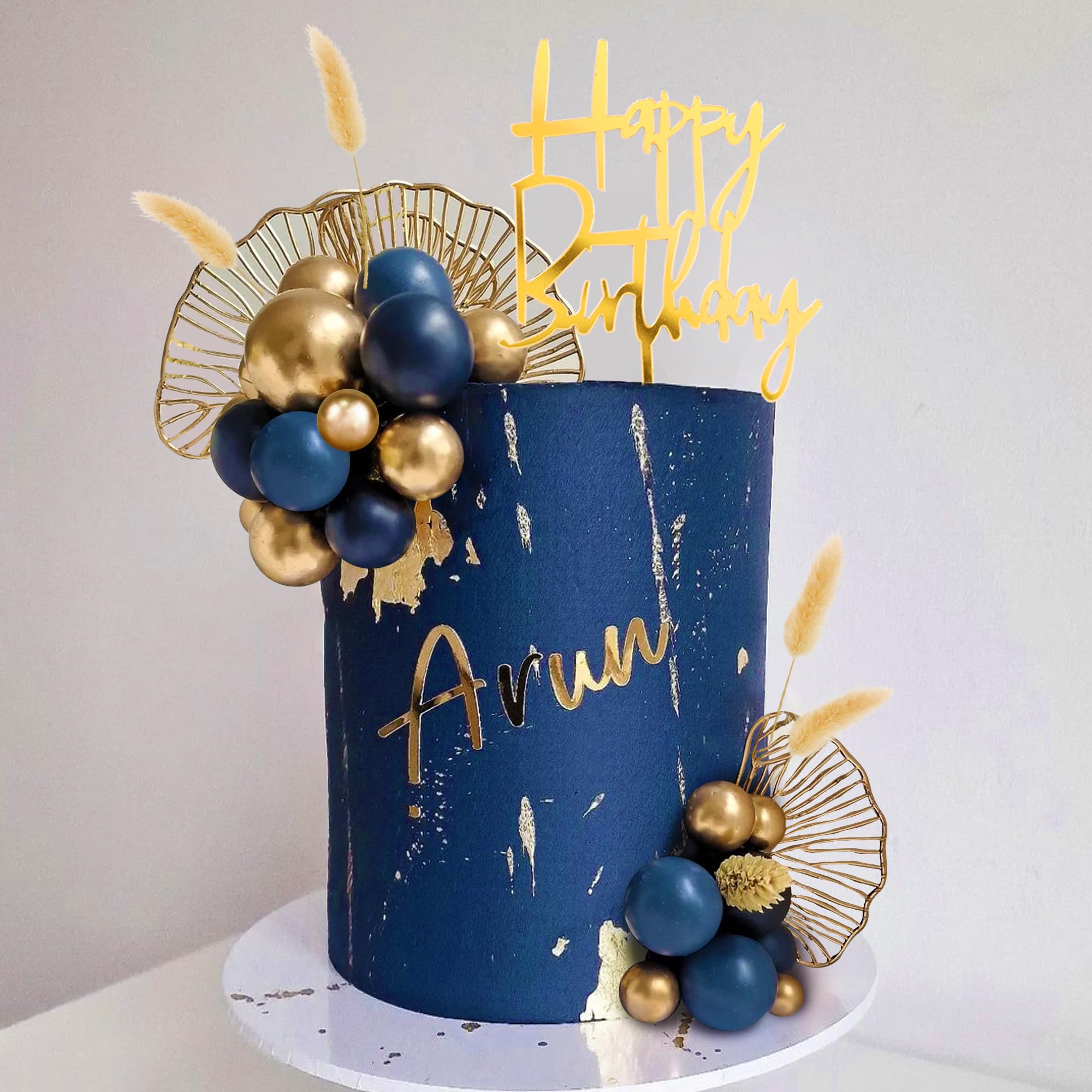 Photo 1 of Boho Cake Topper Gold Blue Balls Cake Decorations Palm Leaves Boho Grass for Wedding Birthday Gold Blue Boho Themed Party Supplies (03)