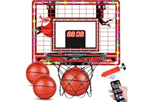TINYTREK Basketball Hoop Indoor for Kids-Over The Door Mini Basketball Hoop with LED Light, Scoreboard, Remote Control and 3 Modes & Balls-Boys Girls Toys for Ages 3 4 5 6 7 8 9 10 + Years Old Birthday Gifts