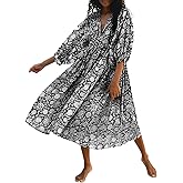 Casual Summer Dresses for Women Swing Floral Half Open Collar Boho Puff Sleeve Loose Midi Beach Dress