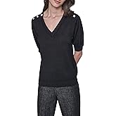 Karl Lagerfeld Womens Short Sleeve V-Neck Crystal Button Sweater