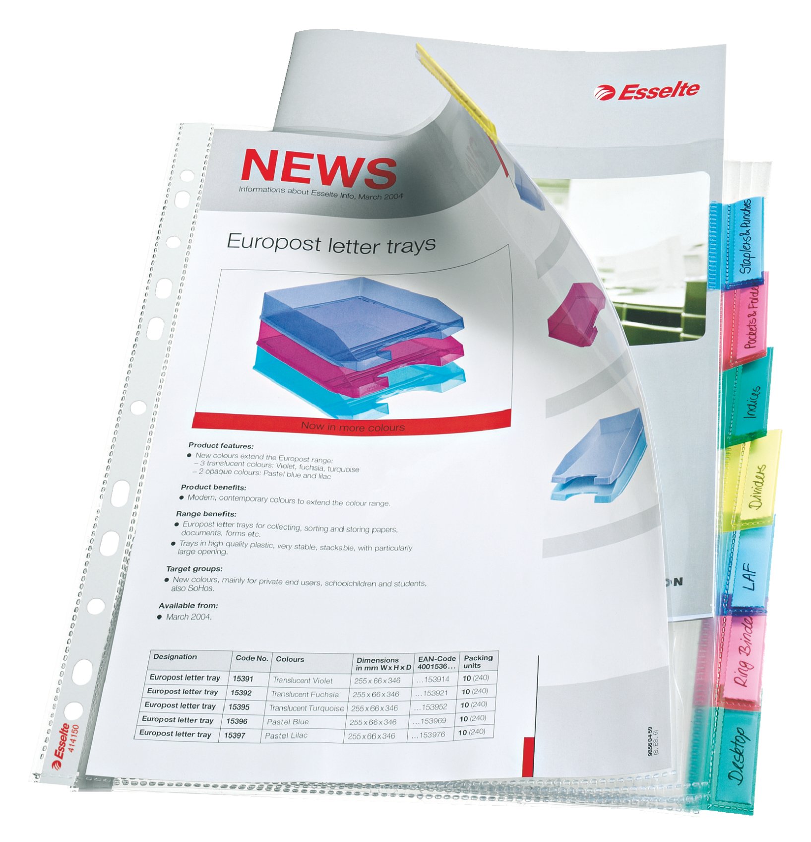 Esselte Index Punched Pocket with 8 Tabs, Holds up to 30 A4 sheets, Transparent, 130 Micron PP Material, 414150