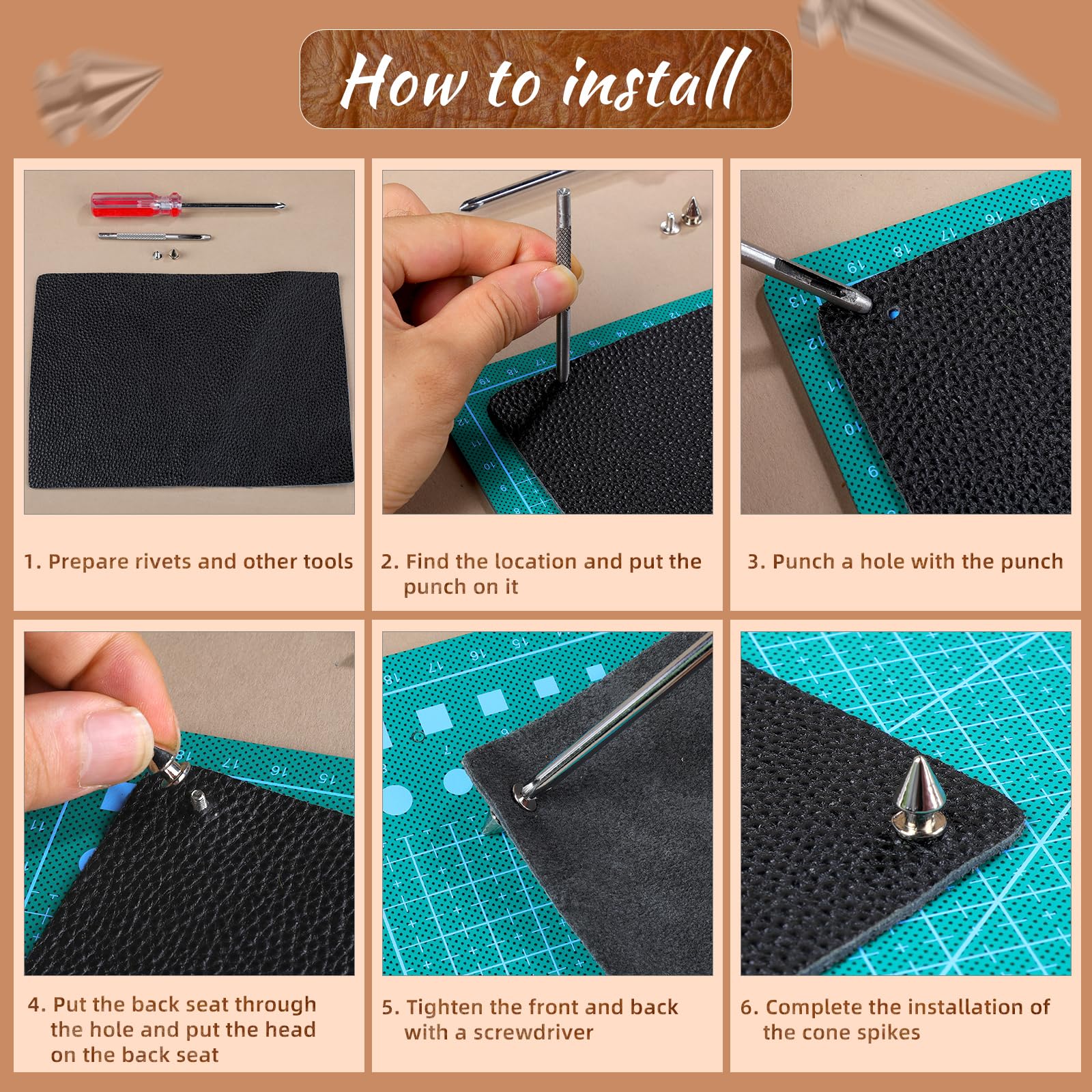 180 Pieces Multiple Sizes Cone Spikes, Screwback Studs Rivets, 3 Sizes Metal Tree Spikes Studs for Punk Style Clothing Accessories DIY Craft Decoration (Silver)