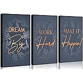3Pcs Blue Gold Inspirational Office Wall Art Inspiring Motivational Positive Quote Botanical Posters Paintings Pictures Wall Decor Canvas Print Artwork for School Bedroom Living Room Home Decoration Unframed