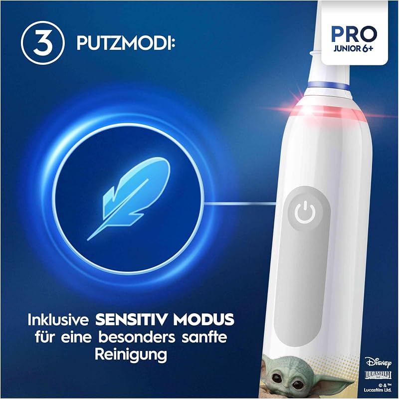Pro Junior Star Wars Elektrische Zahnbürste/Electric Toothbrush für Kinder ab 6 Jahren, 2 Aufsteckbürsten, 360°-Andruckkontrolle, 2 Putzmodi inkl. Sensitiv für Zahnpflege, weiche Borsten, weiß