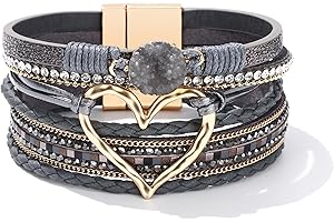 Long tiantian Leather Heart Wrap Bracelets for Women Handmade Stackable Boho Layered Cuff Bangles Bracelet Trendy Birthday Gifts for Her
