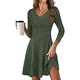 ANRABESS Women Long Sleeve Ribbed Knit Short Dresses 2026 Spring V Neck Casual Swing A Line Sweater Dress
