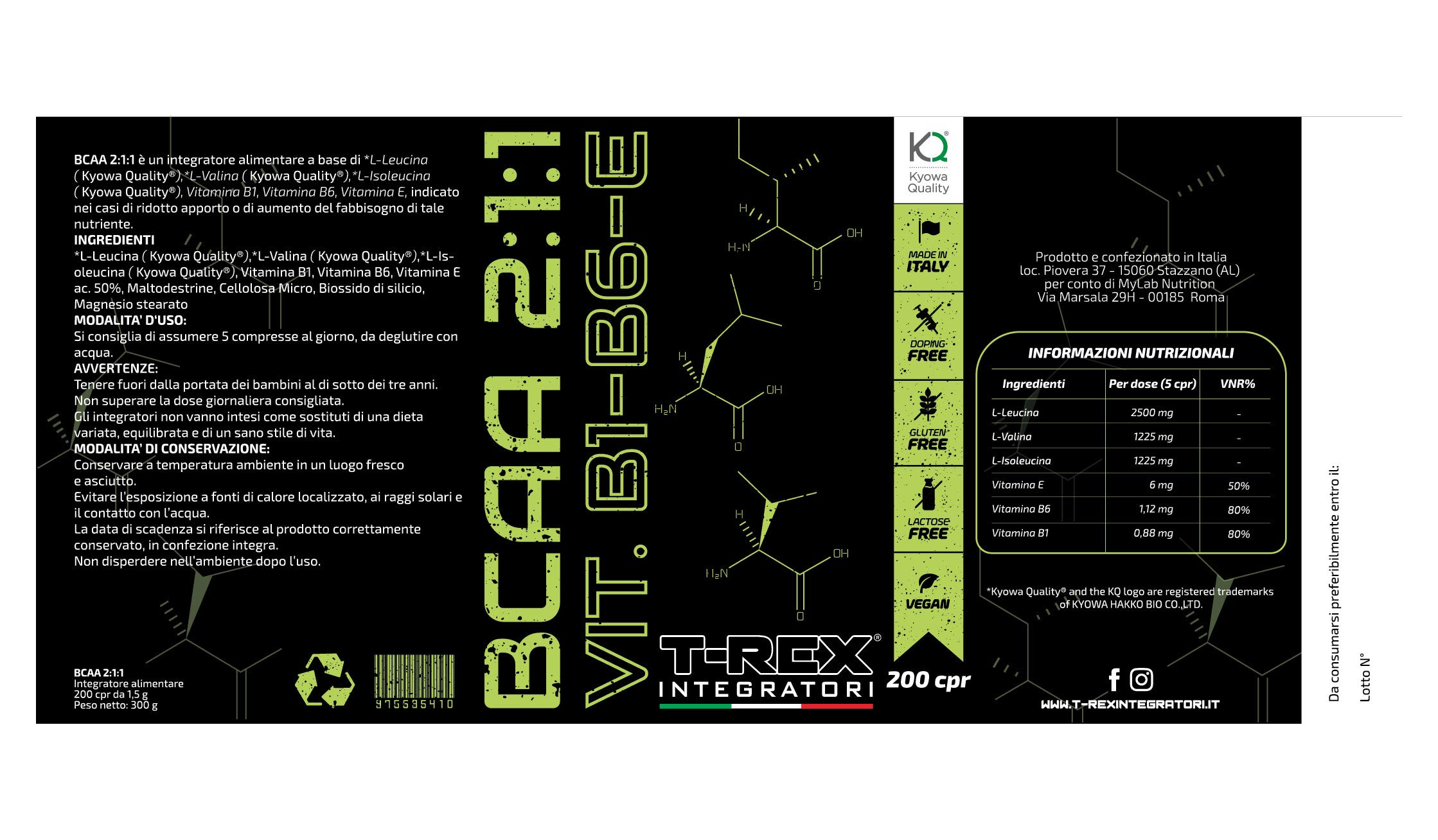 BCAA 2:1:1 ottenuti da fermentazione. Con vitamine B1-B6-E Confezione da 120 Compresse T-Rex Integratori