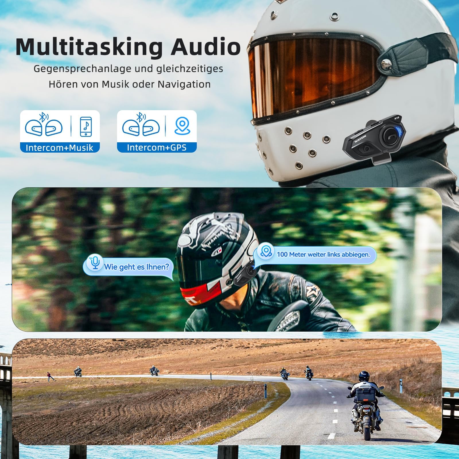 WAYXIN R16 Motorrad Bluetooth Headset –motorradhelm -Intercom mit Dual-Chip, Multi-Audio,IP67 wasserdicht, Musik teilen & FM-Radio, für 6 Personen-Gruppe – Kompatibel mit Anderen Marken