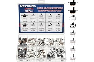 VEXUNGA Slide Switch Set Mini Micro Slide Switches SPDT 1p2t Small Toggle Switch Vertical Panel Mount ON Off 2Position 3Pin SS12F15 SS12F15VG6 SS12D00G SS12F44 SS12D10 (80Pcs)