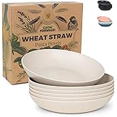 Grow Forward Premium Wheat Straw Pasta Bowls - 42oz Unbreakable Wide & Shallow Dinner Plate Bowls Set of 6 - Microwave Safe Reusable Plastic Pasta Bowls for Kids, Adults, Salad, Camping, RV - Sahara