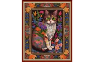 Redxing Stamped Cross Stitch Kits Embroidery kit for Beginners Adults Full Range of Embroidery Patterns Starter Kits DIY Printed Cross Stitch Kits Needlepoint Kits 11CT-Cat Flower 15.7x19.7 inch