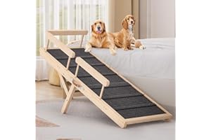 Tresbro Dog Ramp for Bed, 6 Level Adjustable 15.55'' to 26.77'' Dog Ramps with Anti-Slip Carpet & Side Rails, Portable Dog Ramp Holds up to 200LBS for Small Medium Large Dogs to Get on High Bed, Sofa