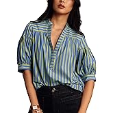 TUREAU Women Puff Short Sleeve Blouse Trendy Striped V Neck Shirt Summer Business Casual Outfit Cute Babydoll Boho Loose Tops