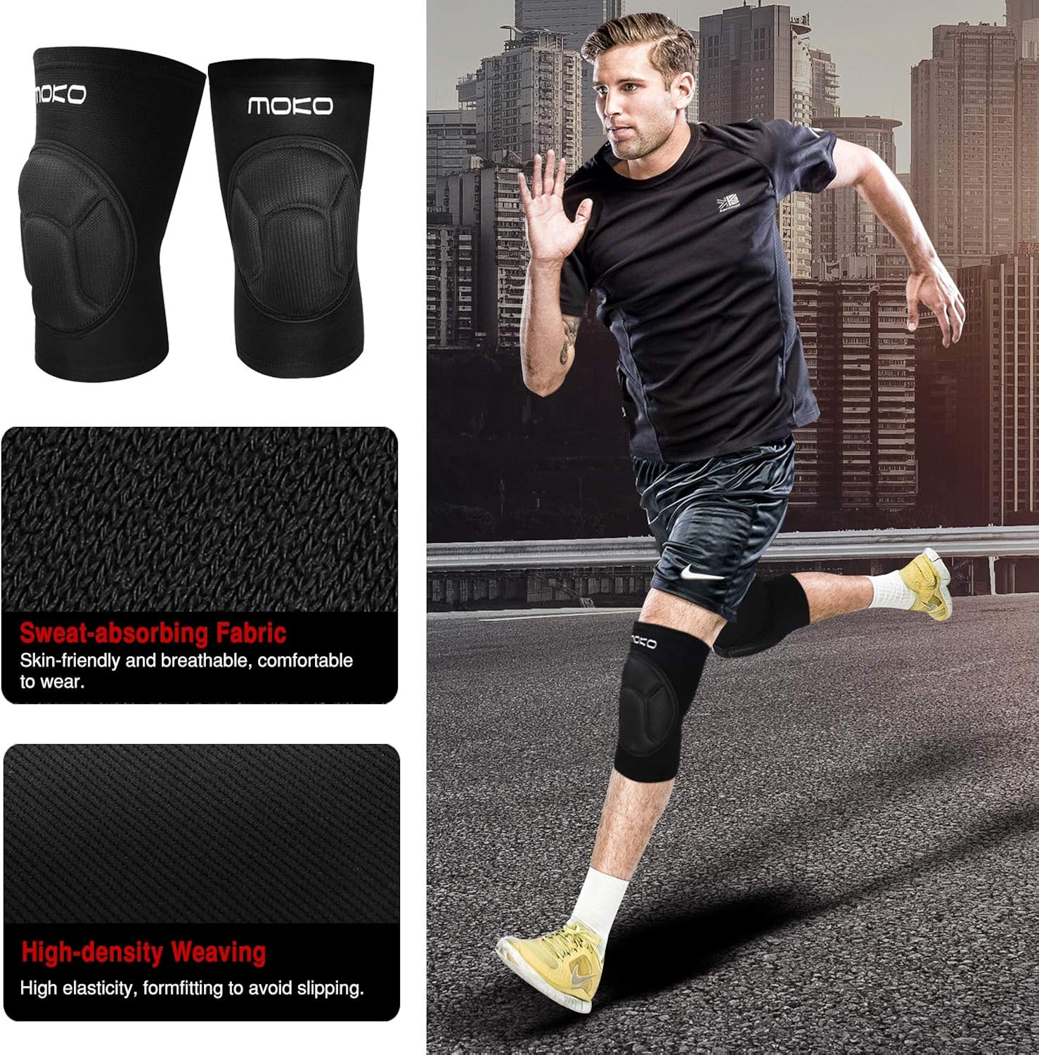 MoKo Knee Brace Support, Protective Volleyball Knee Pads, Professional Thick Sponge Compression Knee Sleeves for Dance Arthritis Joint Pain Relief Injury Recovery, Fit Men Women Youth, 1 Pair, Black : Clothing