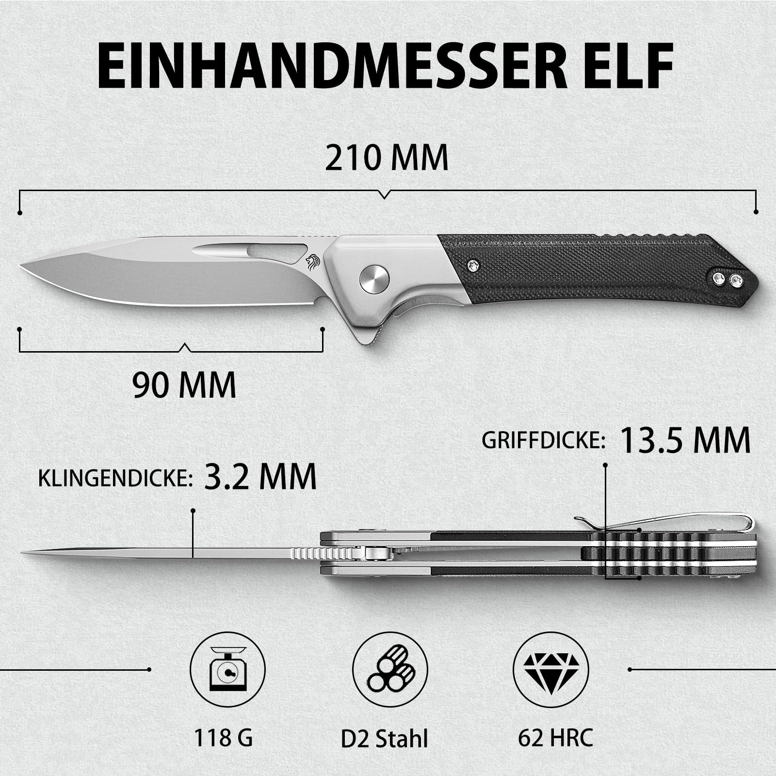 NedFoss ELF Klappmesser, Taschenmesser scharf, EDC Messer mit G10 Griff, Einhandmesser aus D2 Stahl,Outdoor messer mit Gürtelclip, Pocket Knife,Scharfes Survival messer Outdoor für Alltag und Outdoor 6