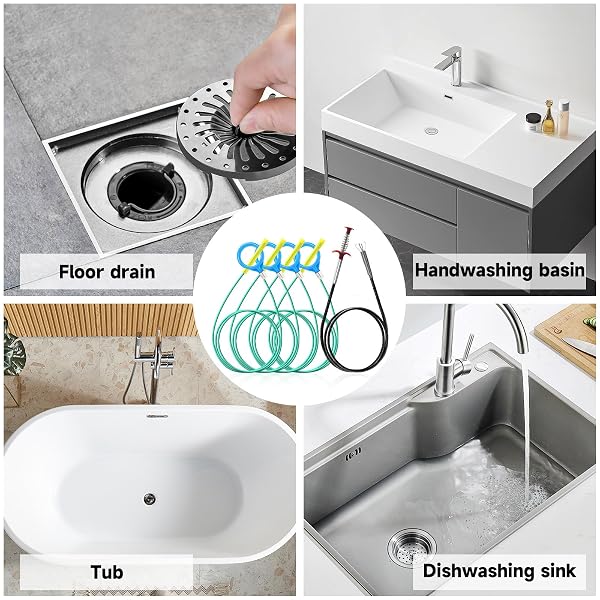 SNAKE DRAIN HAIR REMOVAL TOOL (5 PCS): 4 X 50-INCH DRAIN HAIR REMOVERS + 63-INCH SHOWER DRAIN SNAKE BLOCKAGE REMOVAL TOOL, DRAIN BRUSHES FOR SHOWERS, TOILETS, BATHROOM SINKS AND BATHTUBS.