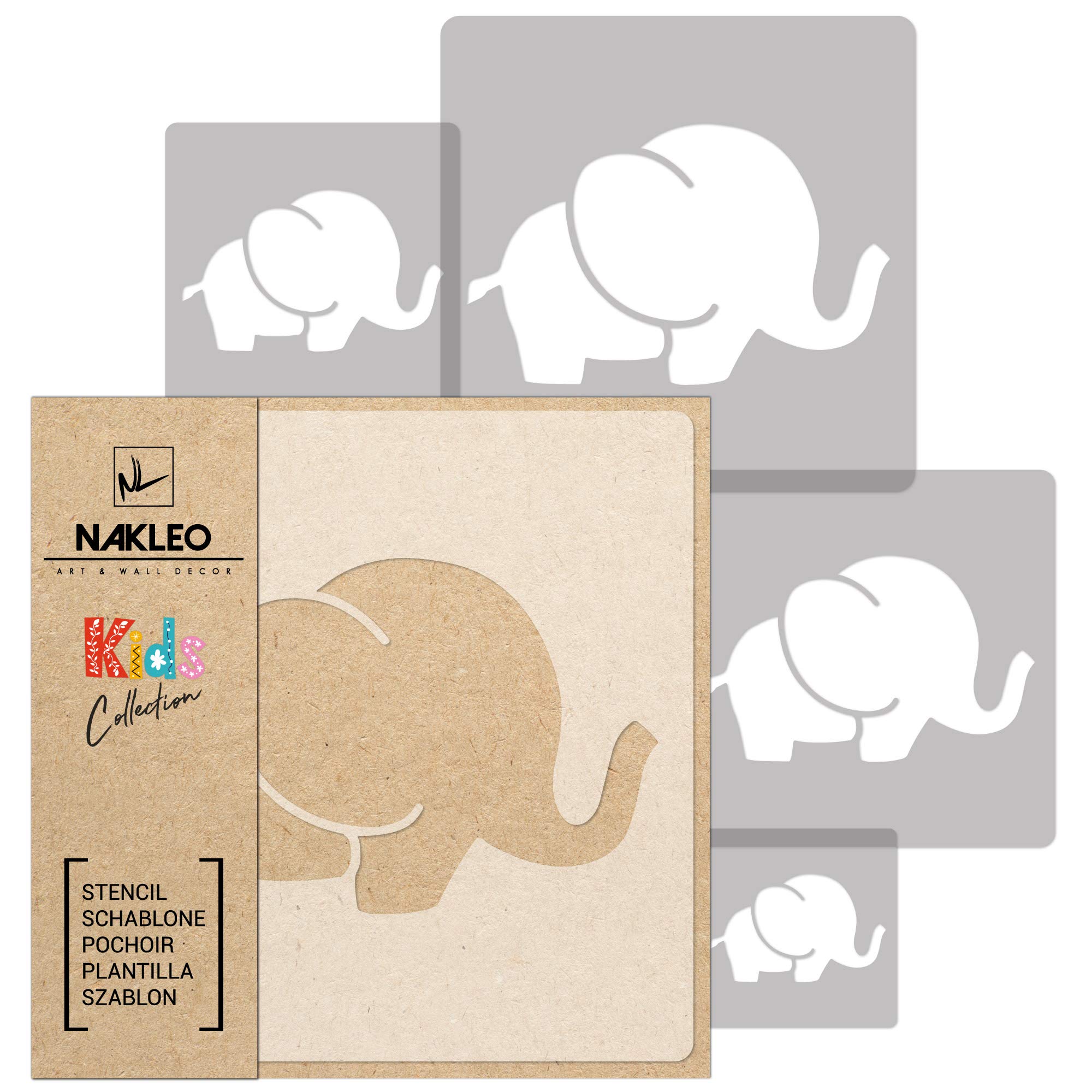 NAKLEO Painting Stencils Set for Nursery Room, 5 Pcs Templates 9x9 to 34x34cm Elephant Mammal Animal, Plastic and Reusable Drawing Stencils, Decor, Craft DIY Wall Furniture