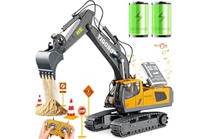 BALJINDER Remote Control Excavator Toys for Boys 4-7 year old, 680-degree Turns with 2 Batteries, Metal Shovel, Roadblock sign, Lights & Sounds, Construction RC Excavator Toy Best Birthday Gift for 6-12 yr Boys