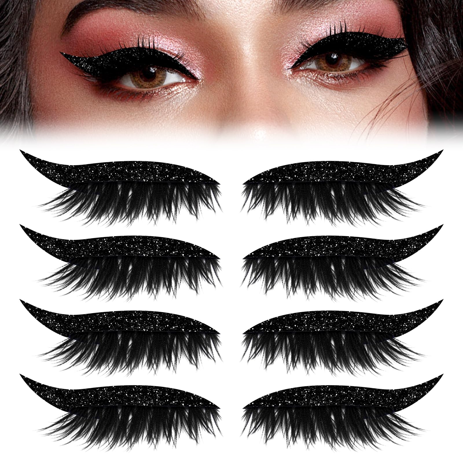 Photo 1 of 4 Pairs Lazy Eye Shadow Eyelash Patch, New Reusable Adhesive Eyelashes, Lazy Eyeshadow Fast Eye Makeup Stickers, Natural Waterproof Eyelashes Makeup Stickers for Party, Prom (Black)