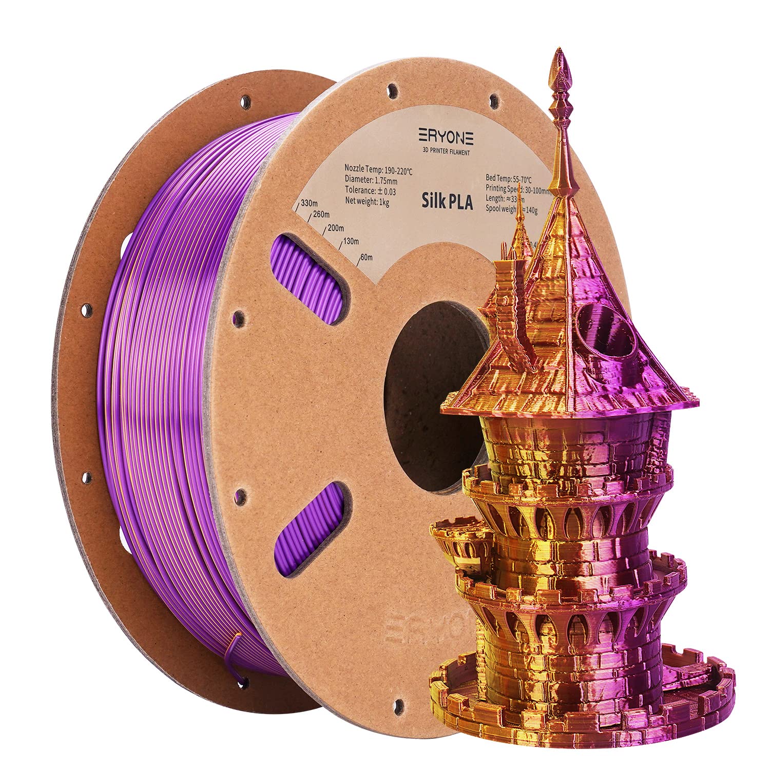 Eryone Silk Dual-Color PLA Filament 1.75mm, 3D Printer Filament PLA, Dimensional Accuracy +/- 0.03mm, 1KG Spool, Silk Gold&Purple