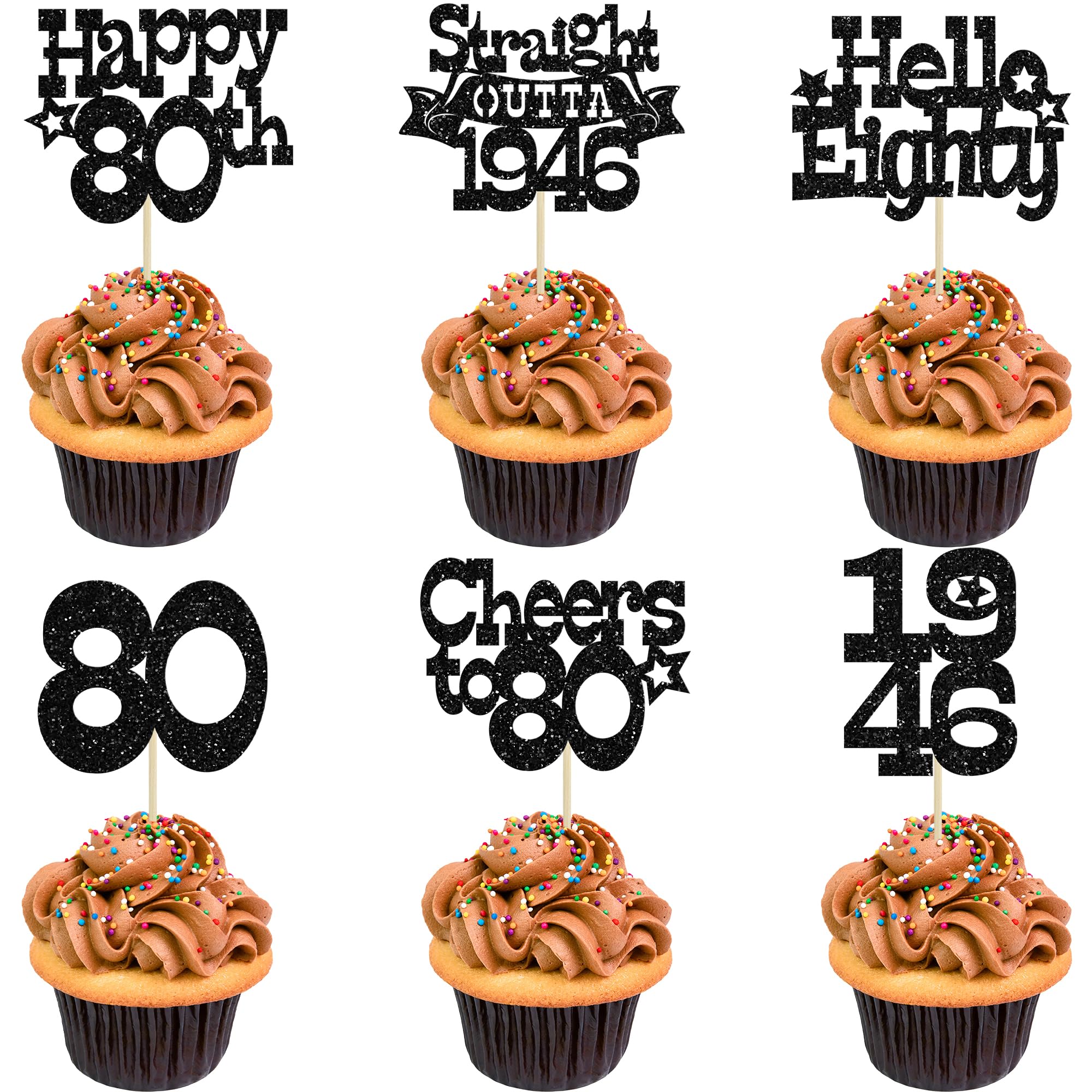 Ephlyn 30Pcs Straight Outta 1946 Cupcake Toppers Glitter Eighty Happy 80th Birthday Cupcake Picks Cheers to 80 Years Cake Decorations for Happy 80th Birthday Anniversary Party Supplies Black