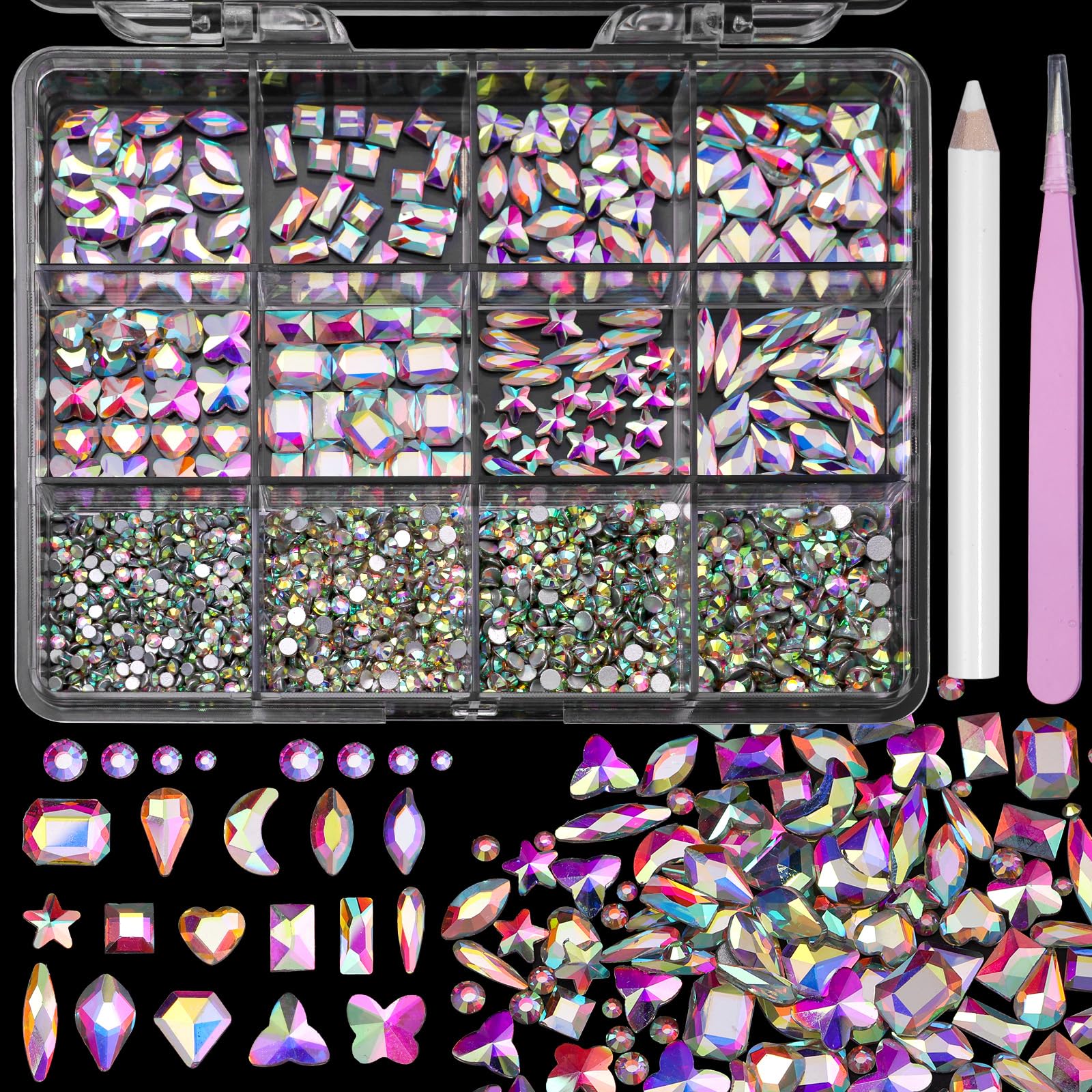 Photo 1 of Crystal AB Colors Rhinestones for Nails, Mix AB Colors K9 Glass Nail Art Rhinestones, Flatback Nail Rhinestones Oval Waterdrop Arrow Rhombus Crystal Nail Gems for Nails Art Decor with Tweezer Pencil