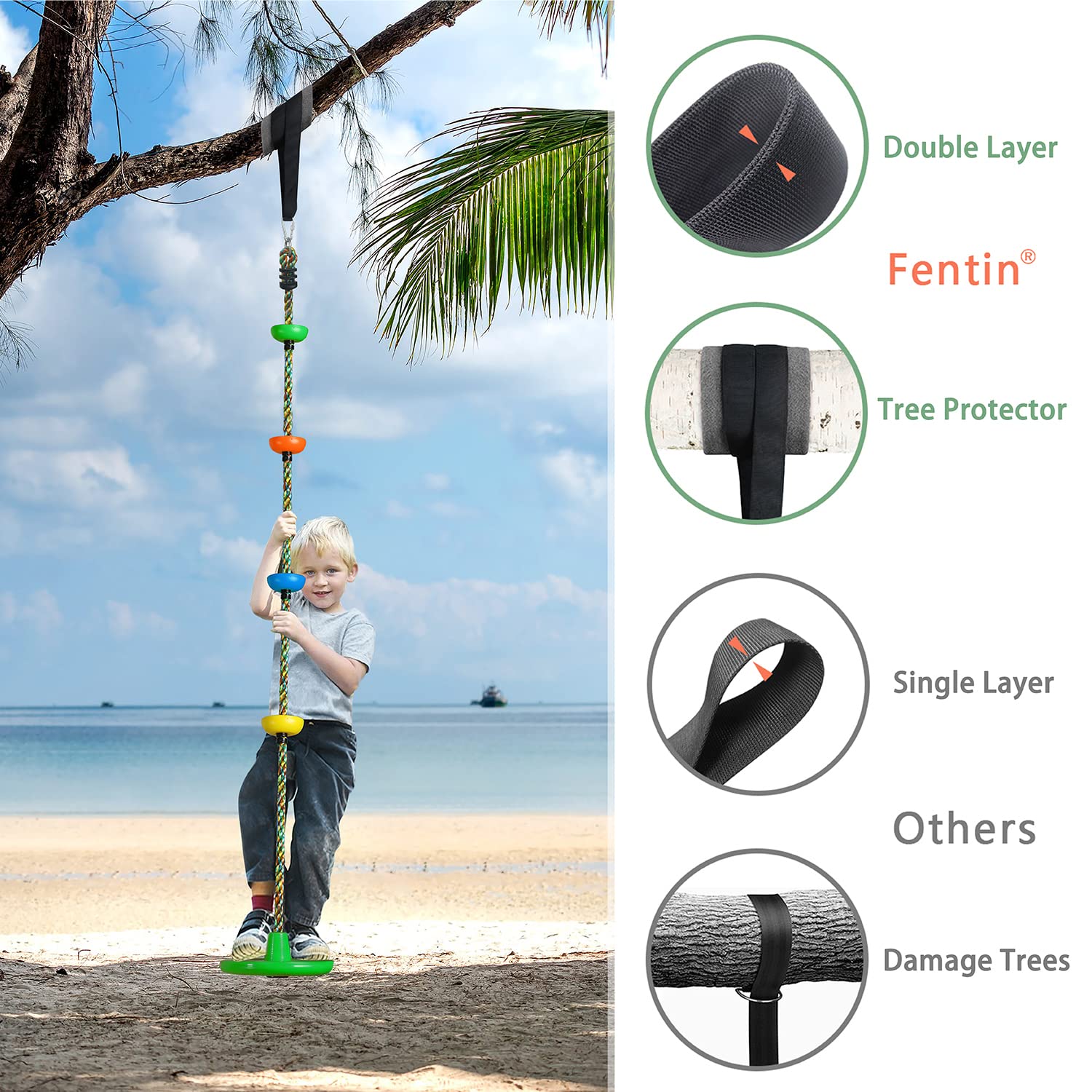 Tree Swing for Kids Backyard Single Disc Rope Climbing Swing Seat for Tree Indoor Outdoor Playground Set Accessories with Thickening 4 Ft Strap-Green