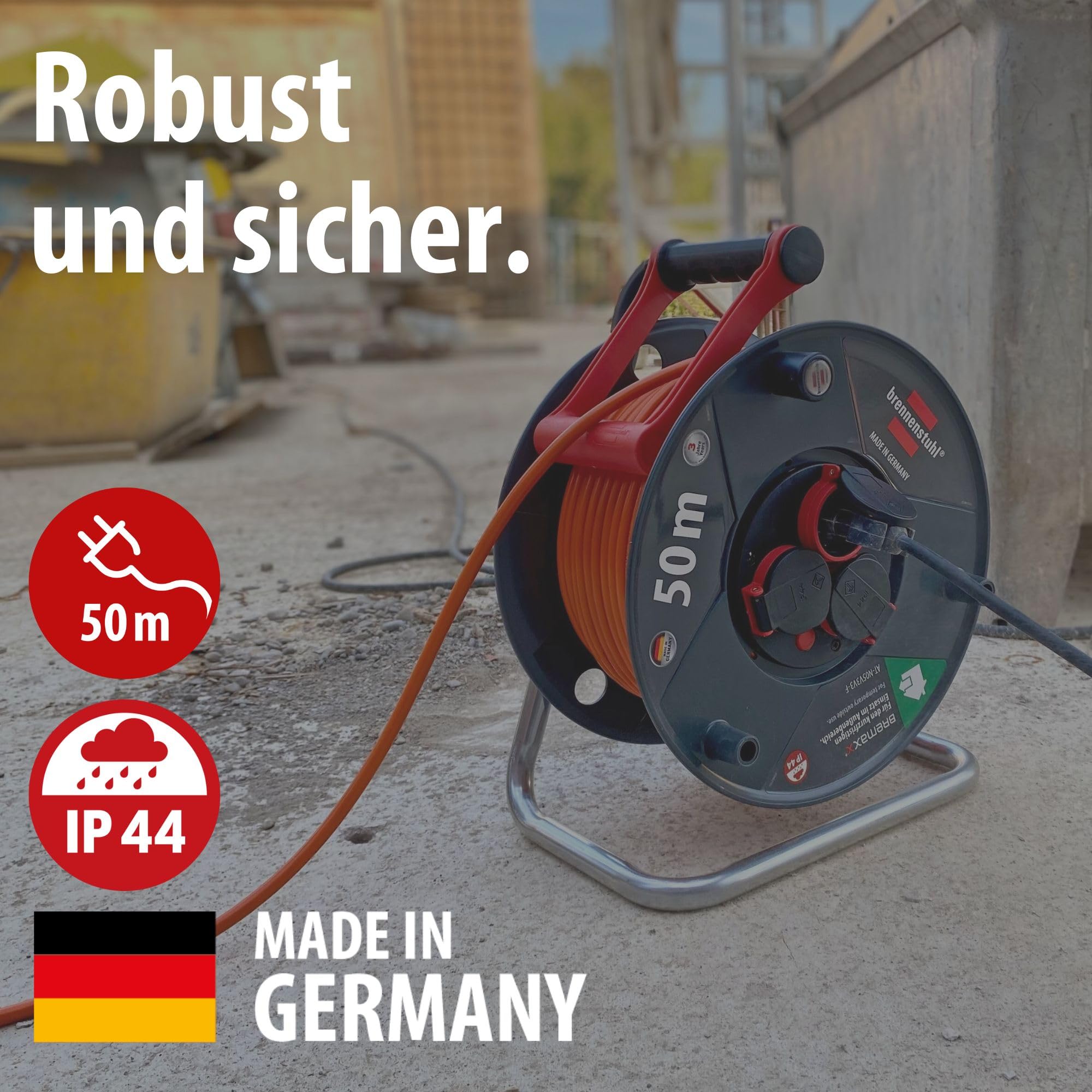 Brennenstuhl Garant V2 IP44 Kabeltrommel 50m outdoor (Made in Germany, 3 Schutzkontakt-Steckdosen, Überhitzungsschutz, kurzfristiger Einsatz im Außenbereich) 2