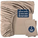 LANE LINEN 100% Organic Cotton Fitted Sheet Queen (+Pillowcases), Soft & Comfy Breathable Naturally Cooling Low Pill Oeko Tex Certified Fitted Sheet Queen Deep Pocket 15" - Taupe