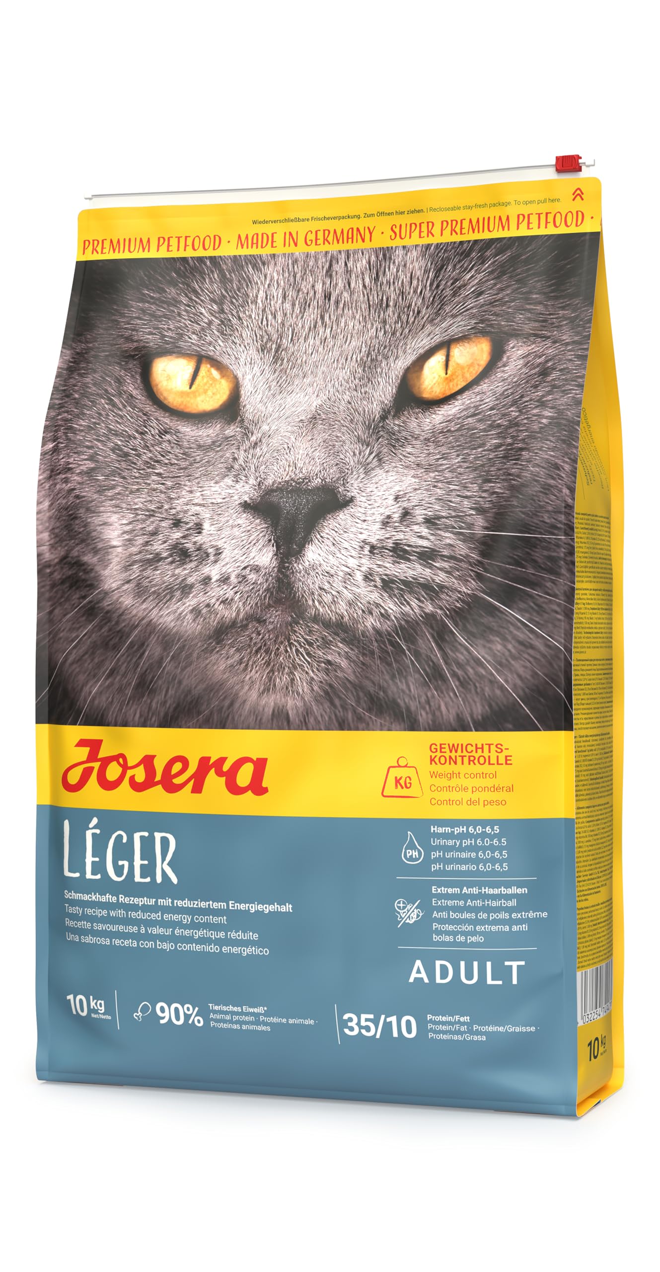 Josera Leger complete adult cat food | Weight control | Lower calorie | Extreme Anti-Hairball | Chicken & Liver | Herbs & Fruit | Urinary pH | 10kg