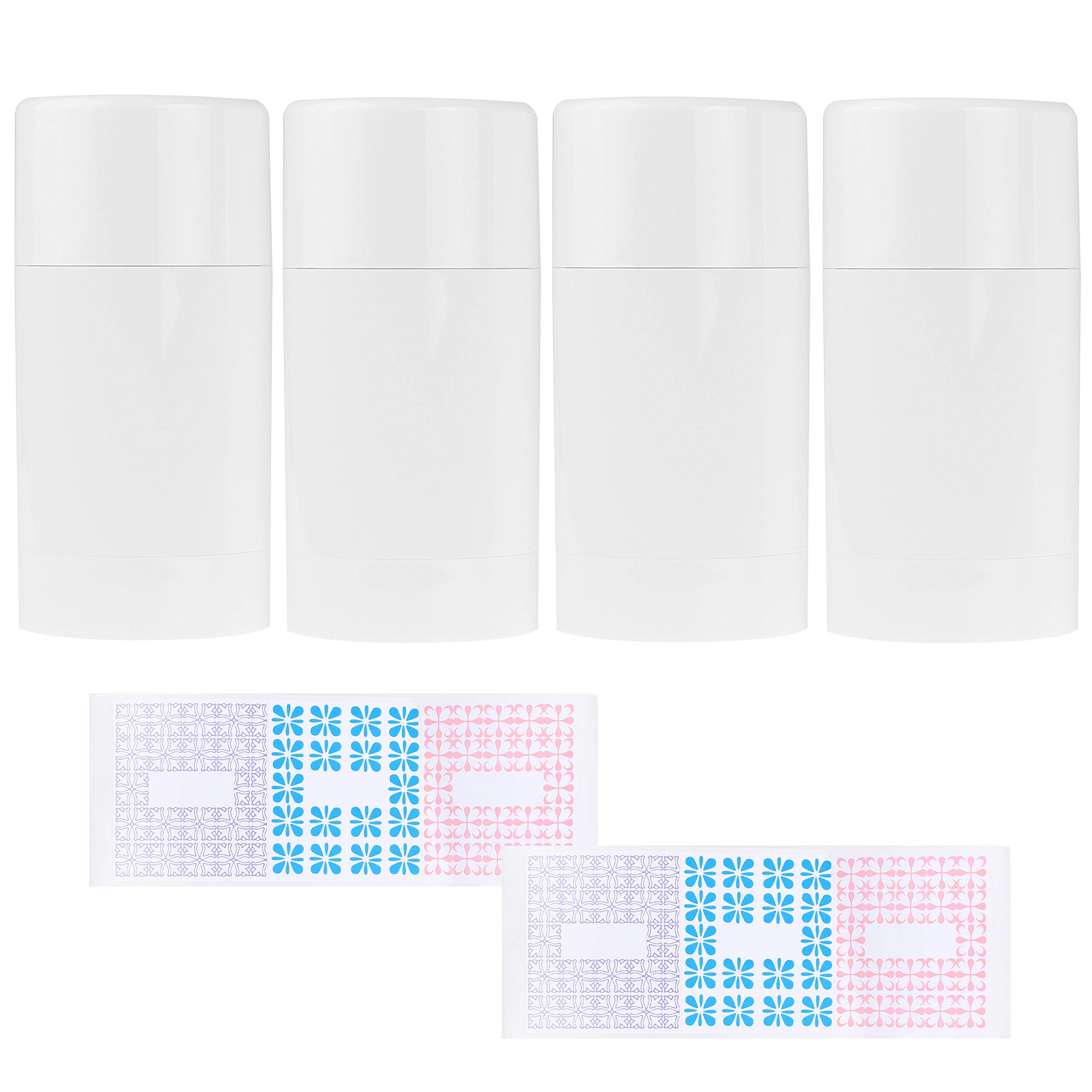 Kare & Kind Empty Deodorant Containers with Cap (4-Pack) - 75ml. - Top Fill with Twist Mechanism - 6 Writable Stickers - Refillable Cosmetic Tubes for Lip Balm, Solid Fragrance, Soap etc. - (White)