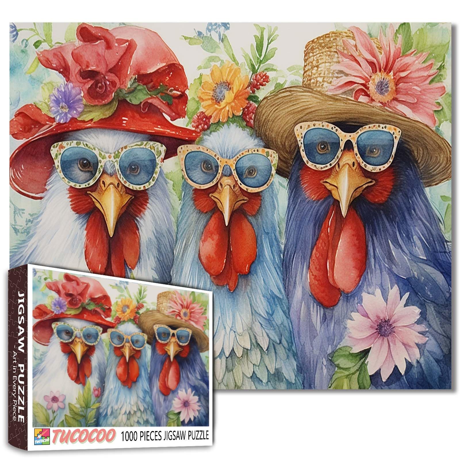Tucocoo Roosters Jigsaw Puzzles for Adults 1000 Pieces, Animals Tropical Flowers Artwork Jigsaw Puzzle 27 x 20 Inches Colorful DIY Puzzles for Home Decoration, Family Puzzle Perfect for Game Nights — image 1