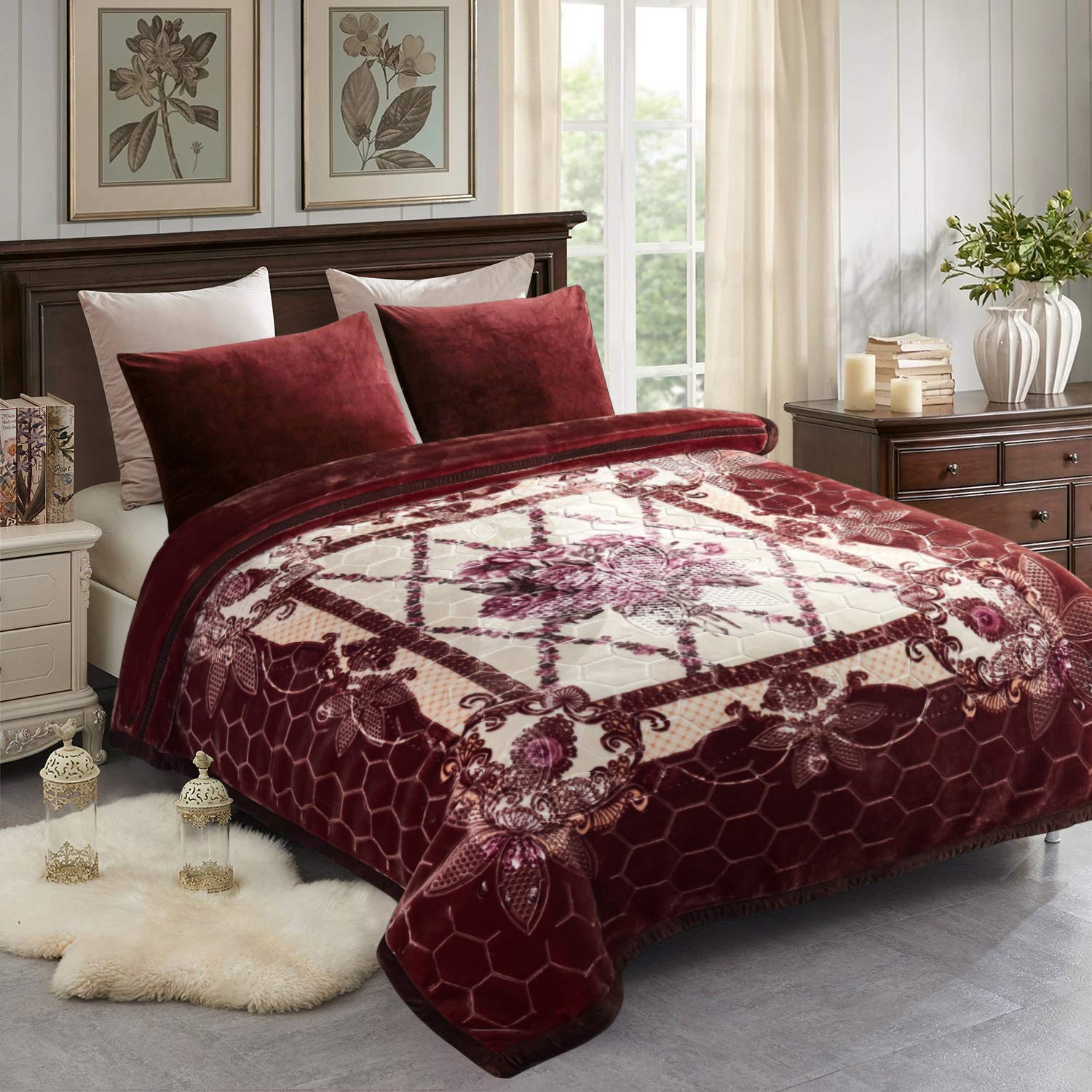 JML10 Pounds Heavy Plush Soft Blankets for Winter, Korean Style Mink Velvet Fleece Blanket - 2 Ply A&B Printed Raschel Red Blanket, Dark Purple Floral