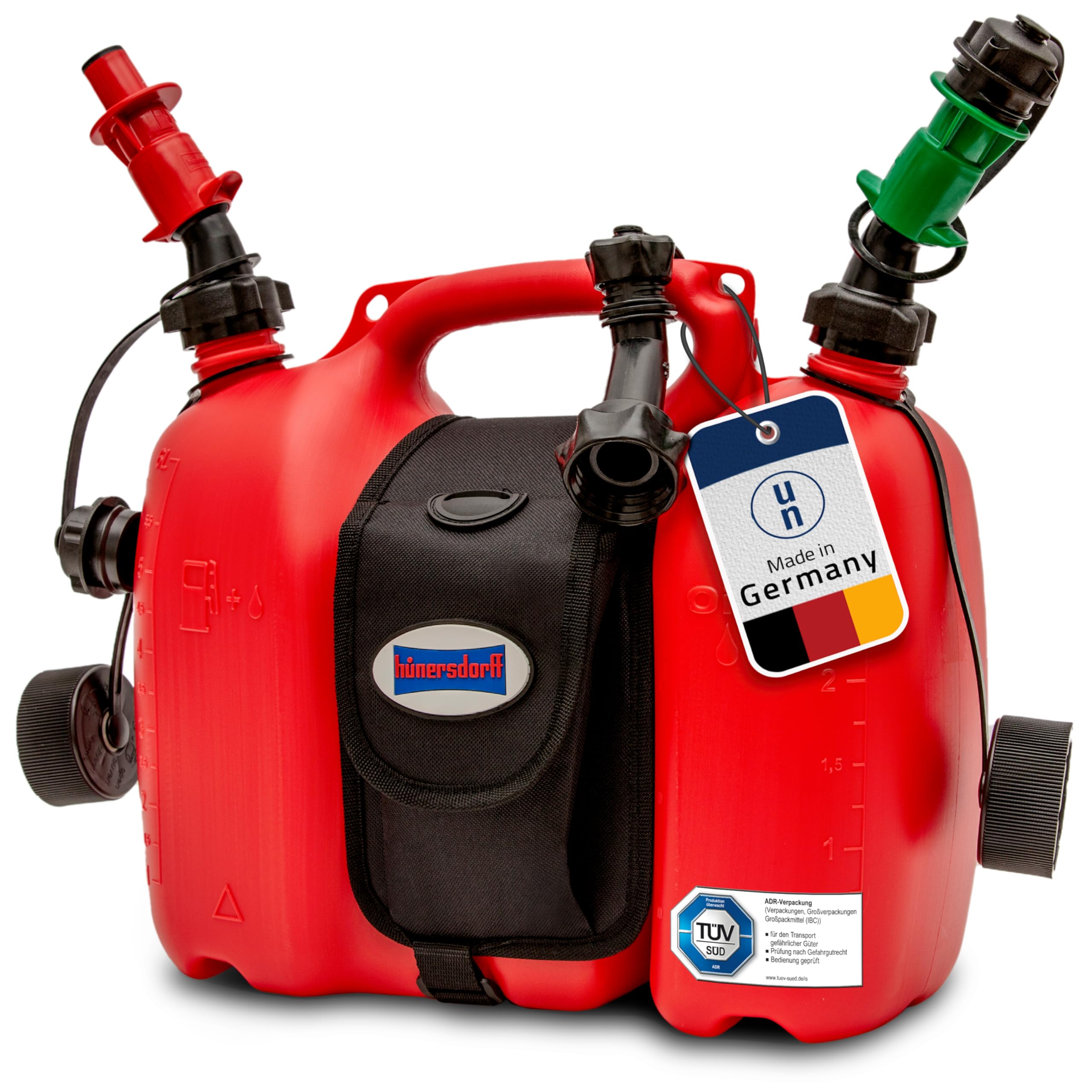 hünersdorff 805062 PROFI Doppelkanister / Kombikanister für Kraftstoff und Öl mit Satteltasche und zwei Einfüllsystemen, 6 + 3 Liter, UN-Zulassung, Made in Germany, Rot
