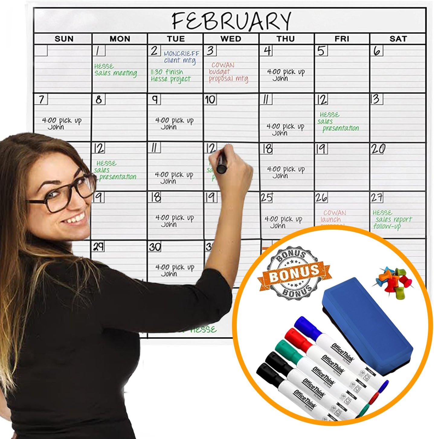 OfficeThink Laminated Jumbo Organizing Calendar, Huge 91-CM by 122-CM Size, Extra Large Date Boxes, Easy Erase Film, Never Folded, Bonus 8 Jumbo Tacks, 5 Markers, 1 Eraser Included