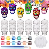 RoundFunny 12 Pcs Sugar Skull Ceramic to Paint, 3D Hanging Ornaments | Day of the Dead Sugar Skull Craft, Unpainted Ceramics with Paint and Brush, 3D Hanging Statues, Ready to Paint Your Own Skull