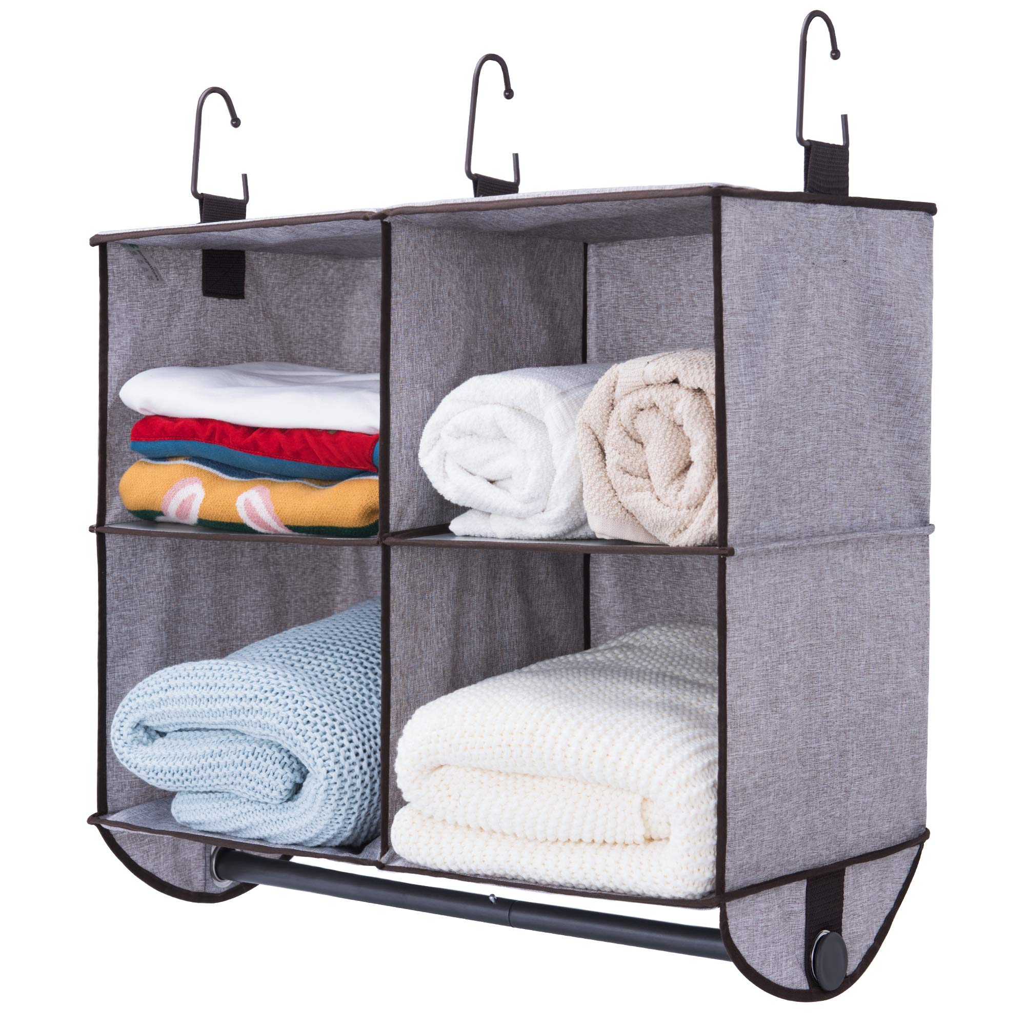 StorageWorks Hanging Closet Organizer with Garment Rod, 4 Section Closet Hanging Shelves, Fabric, Mixing Brown and Gray, 24”W x 12”D x 19”H