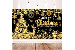 AUSHENKE Christmas Party Decorations Black Gold Christmas and Happy New Year Banner for Xmas New Years Eve Party Supplies, 71x43inch