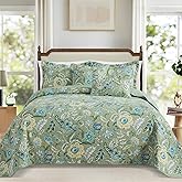 TWINRUN King Size Cotton Quilt Set | Vintage Sage Green/Dusty Blue Bedspread with Botanica (98x106 Inch + 2 Pillowcases) | Lightweight Farmhouse Bedding for Coastal & Boho Bedrooms for All Seasons