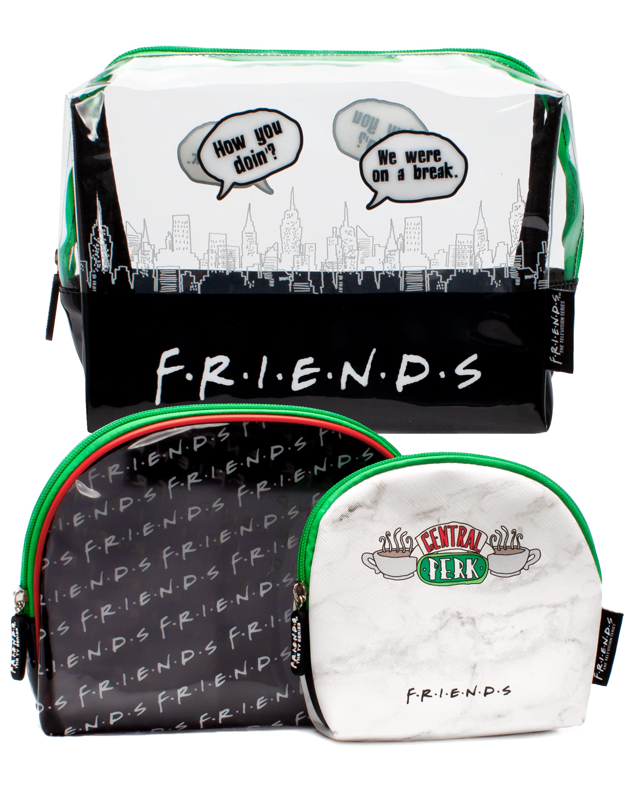 Friends Cosmetic Bags for Girls & Ladies | Teenagers 3 Make-Up Organisers Case | Clear Central Perk Cafe Travel Toiletry Gift Set | TV Show Merchandise
