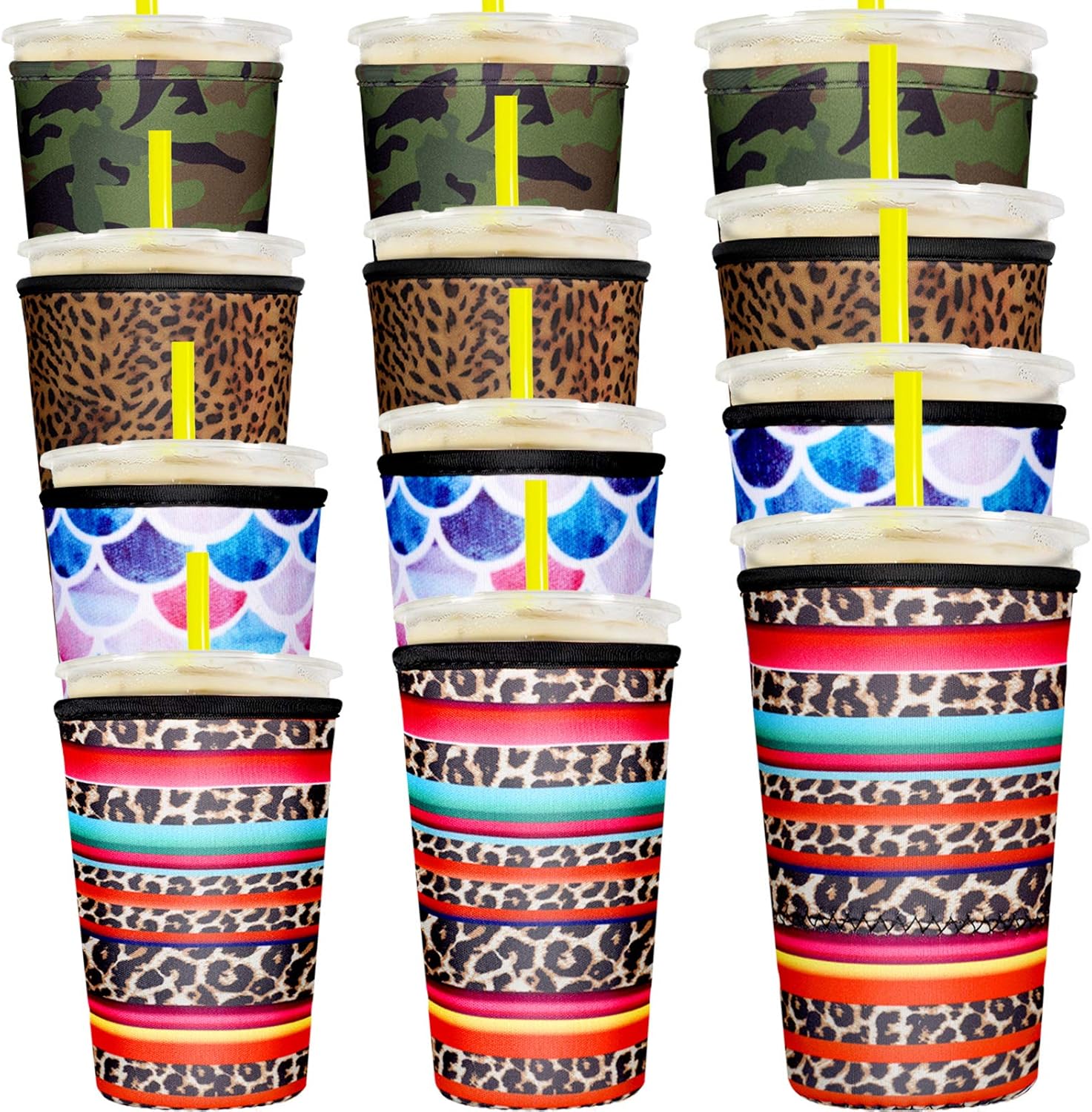 12 Pieces Coffee Cup Sleeve Reusable Neoprene Cup Cover Drink Insulator Sleeves Insulated Drinks Sleeves Holder for 10 oz to 32 oz Cold Hot Drink Beverages Cup Bottle