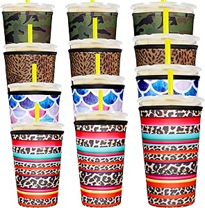 12 Pieces Coffee Cup Sleeve Reusable Neoprene Cup Cover Drink Insulator Sleeves Insulated Drinks Sleeves Holder for 10 oz to 32 oz Cold Hot Drink Beverages Cup Bottle