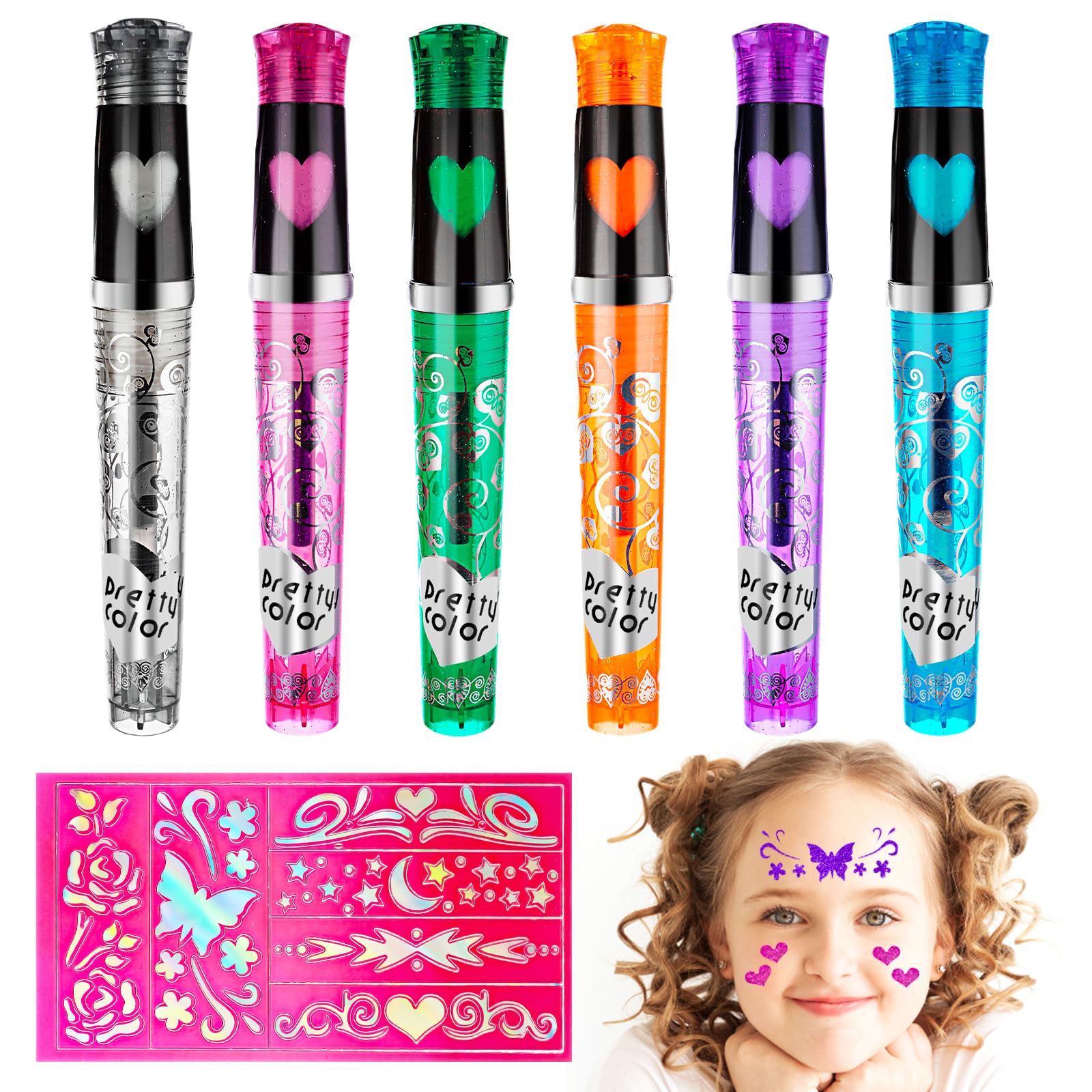 DSLSQD Temporary Tattoo Pen - 6 Colours Glitter Kit With Stencil Body Markers for Kids and Adults Party Dress Up