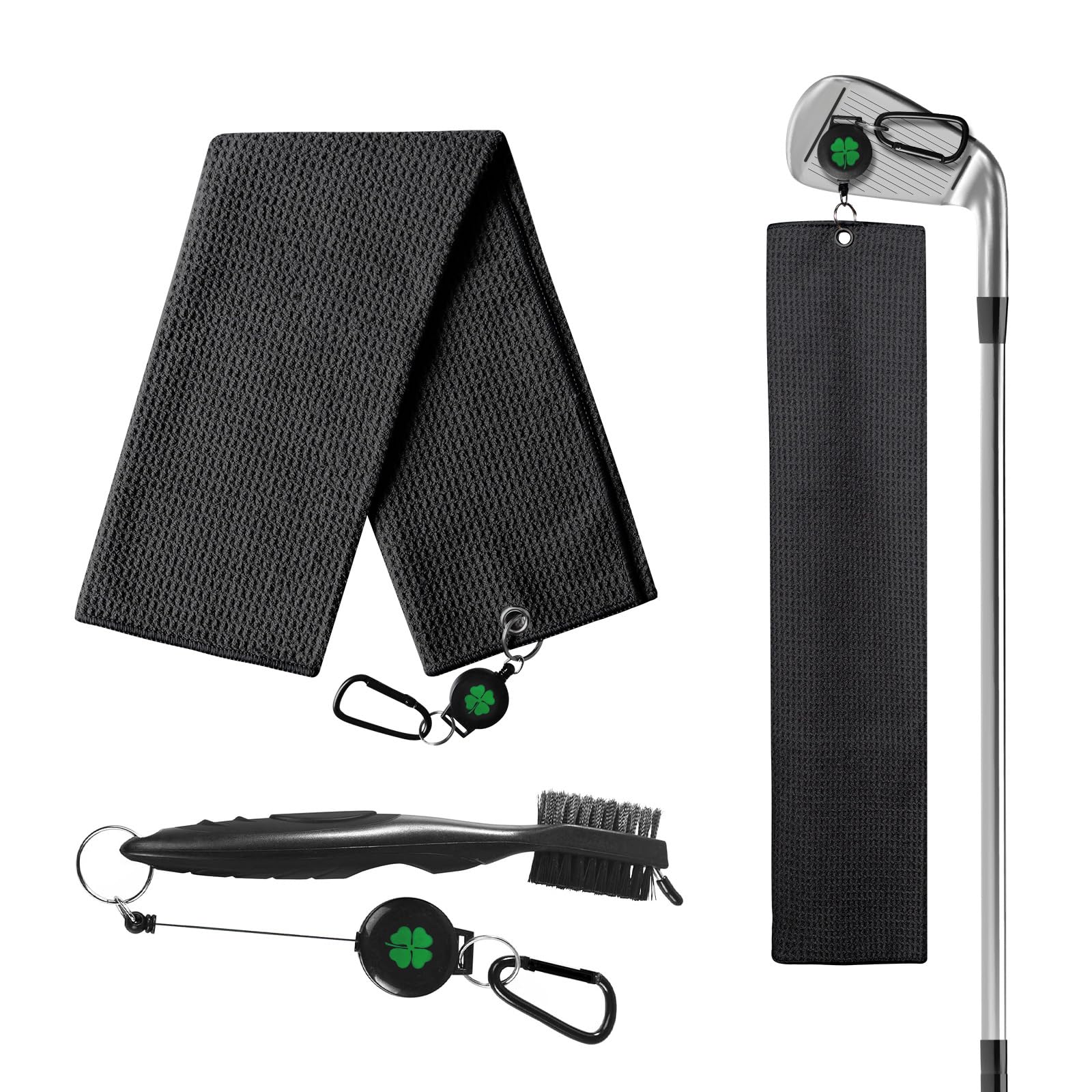 FINGER TEN Golf Towels Magnetic Set for Golf Bags with Retractable Clip Tri-fold Waffle 24" X16" with Golf Brush Golf Bag Towel with Carabiner Clip for Men Women Fitness Gym Training Color Black