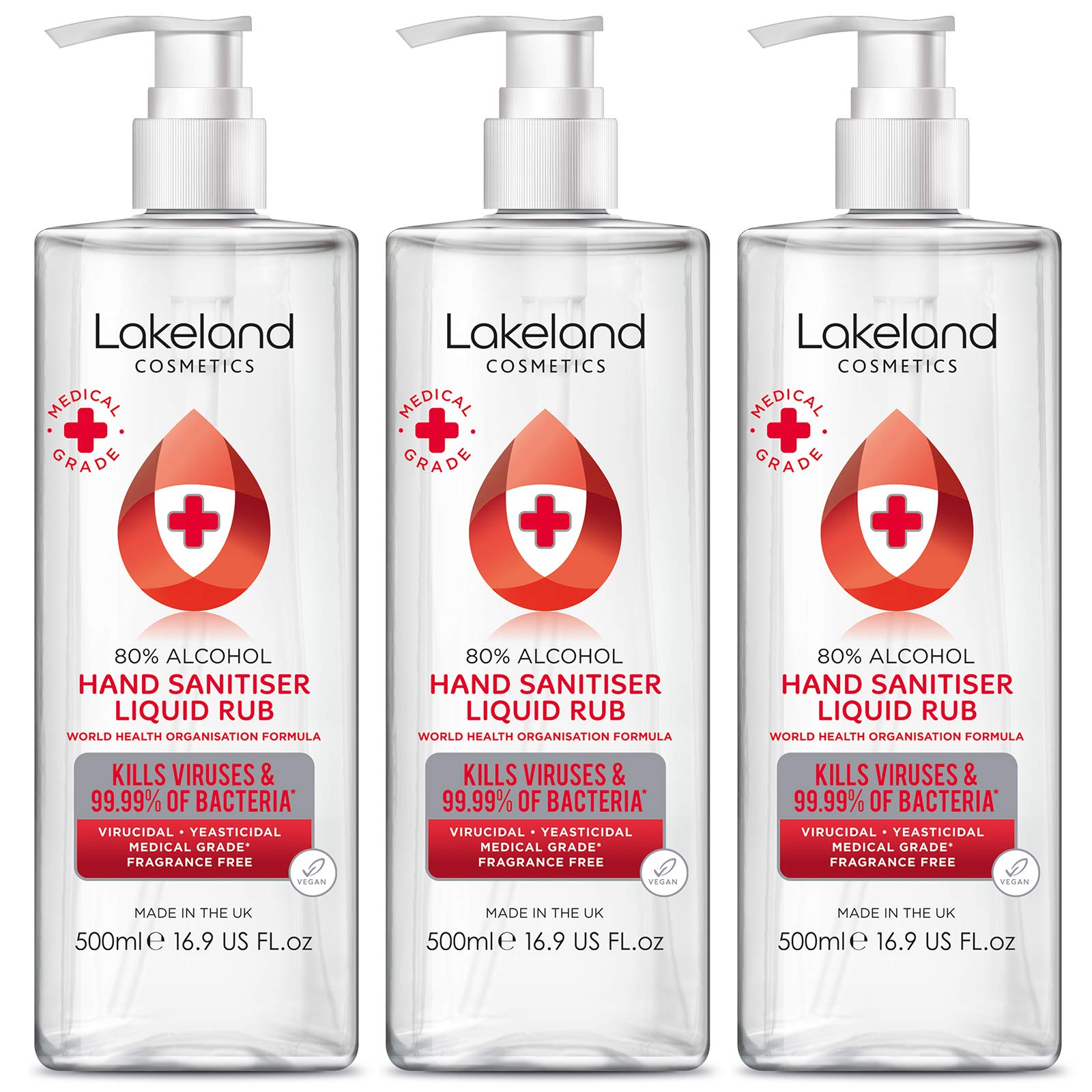 80% Alcohol Hand Sanitiser Rub - 3x 500ml - Kills 99% Bacteria, Germs - Sanitizer